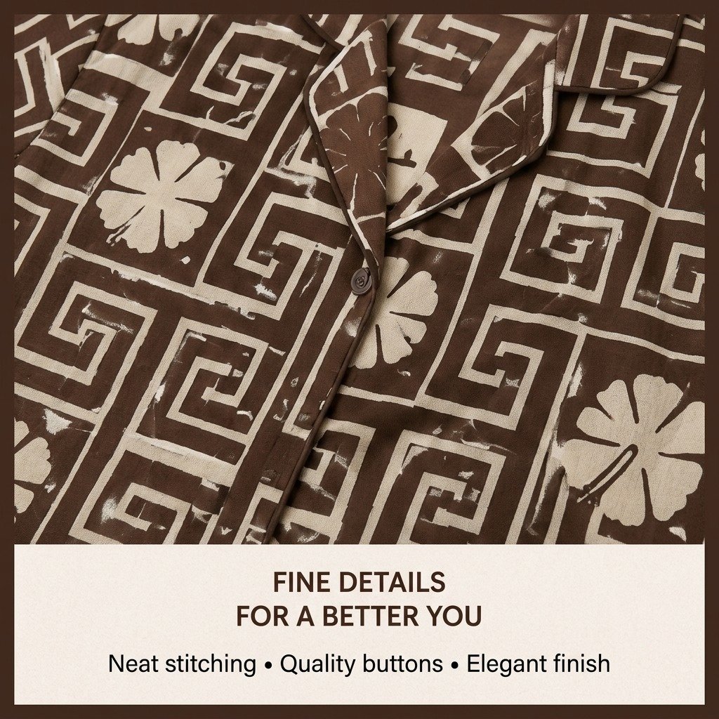 Brown Premium Hosiery Cotton Front Open Night Suit - Image 2