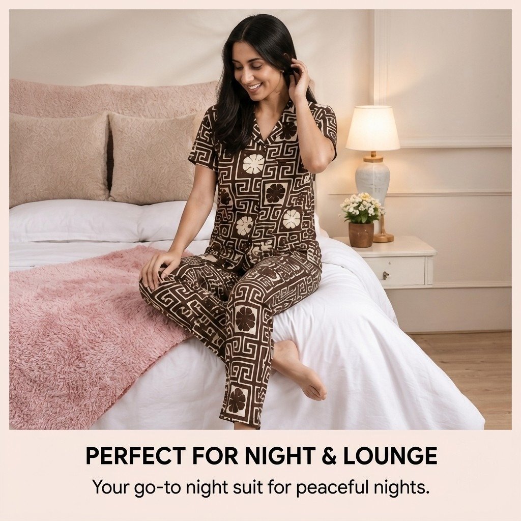 Brown Premium Hosiery Cotton Front Open Night Suit - Image 3