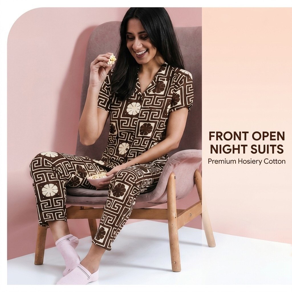 Brown Premium Hosiery Cotton Front Open Night Suit
