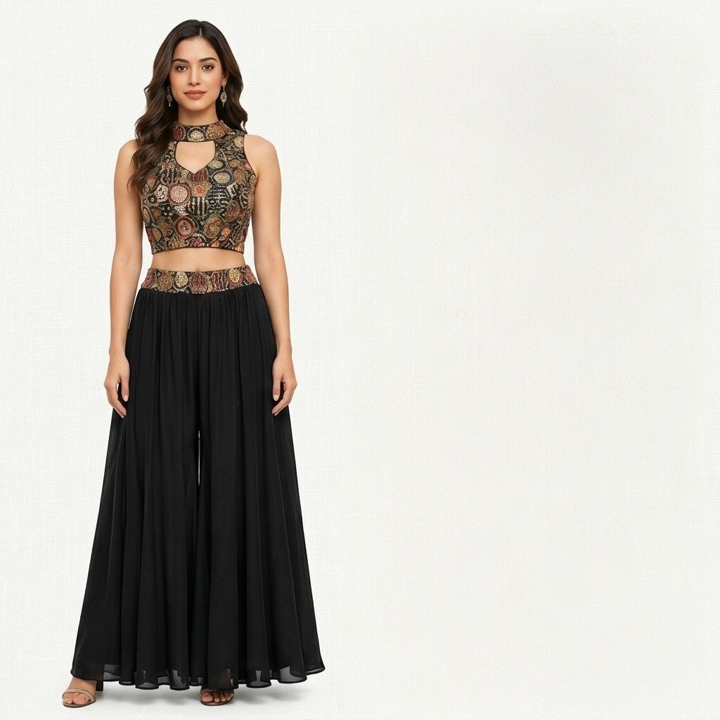Crepe Silk Embroidered Crop Top Sharara - Image 2