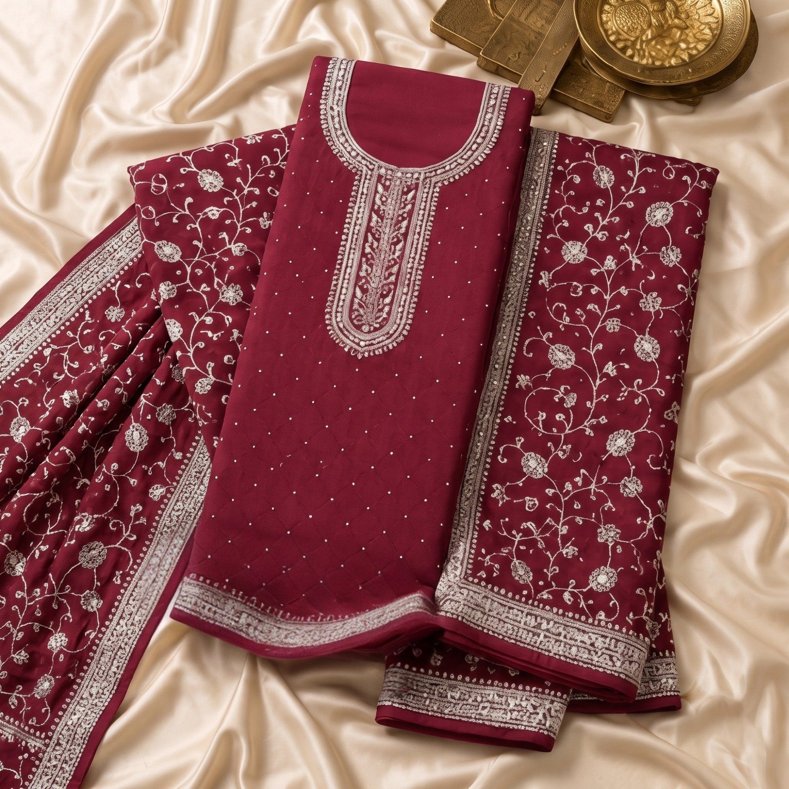 Designer Embroidered Crepe Silk Unstitched Fabric - Image 2
