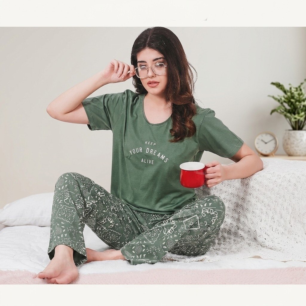 Green Premium Hosiery Cotton Night Suit - Image 4