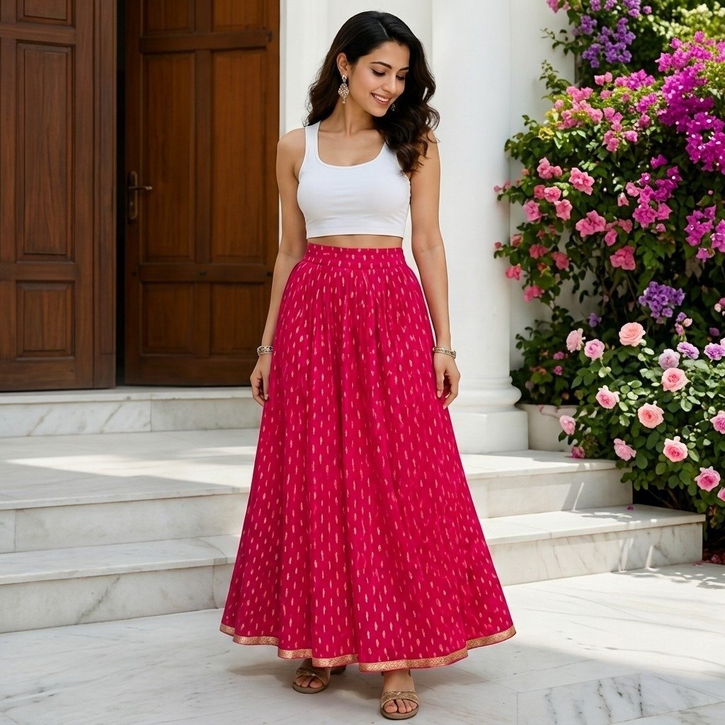 Hot Pink Cotton Long Skirt
