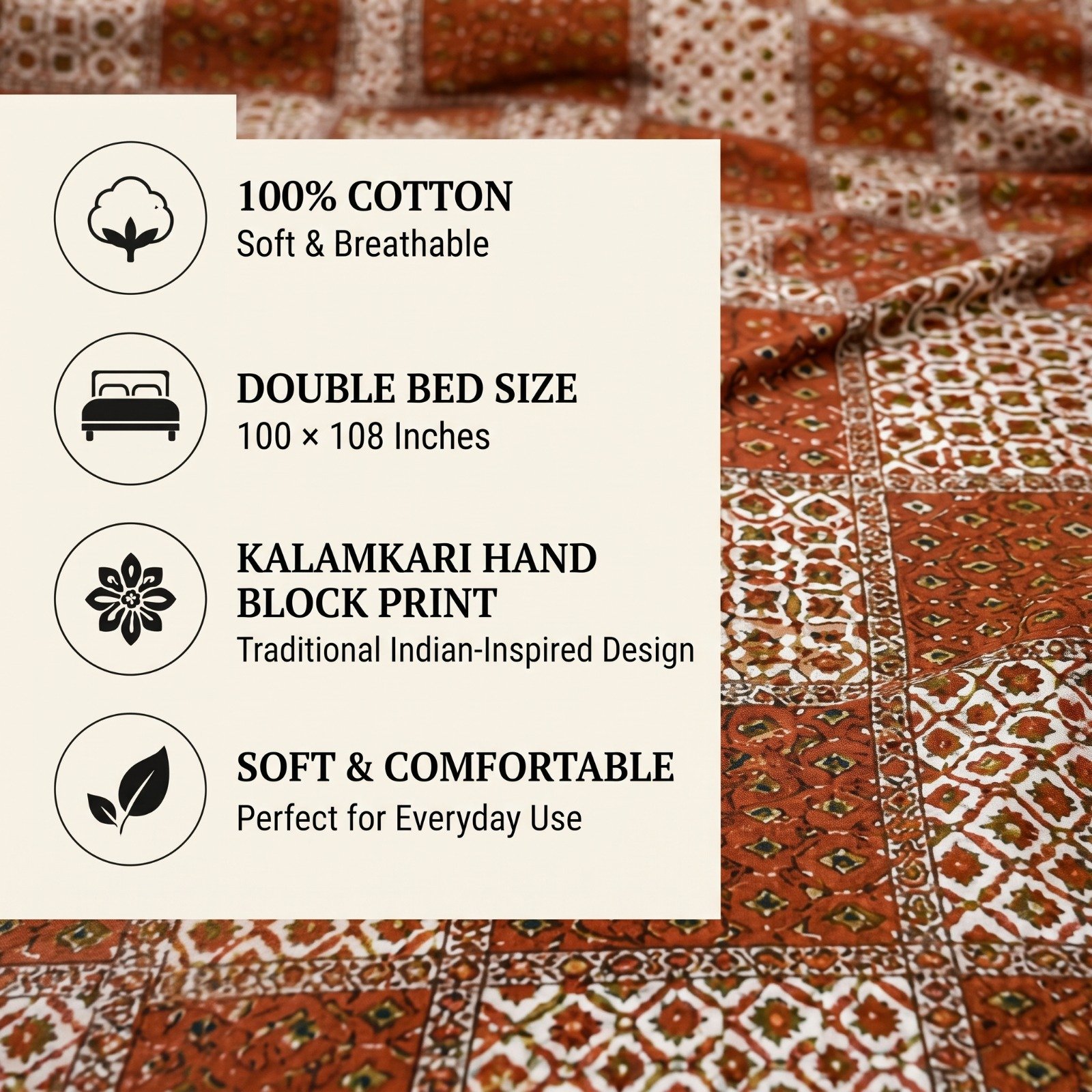 Kalamkari Hand Block Double Bedsheet Set - Image 3