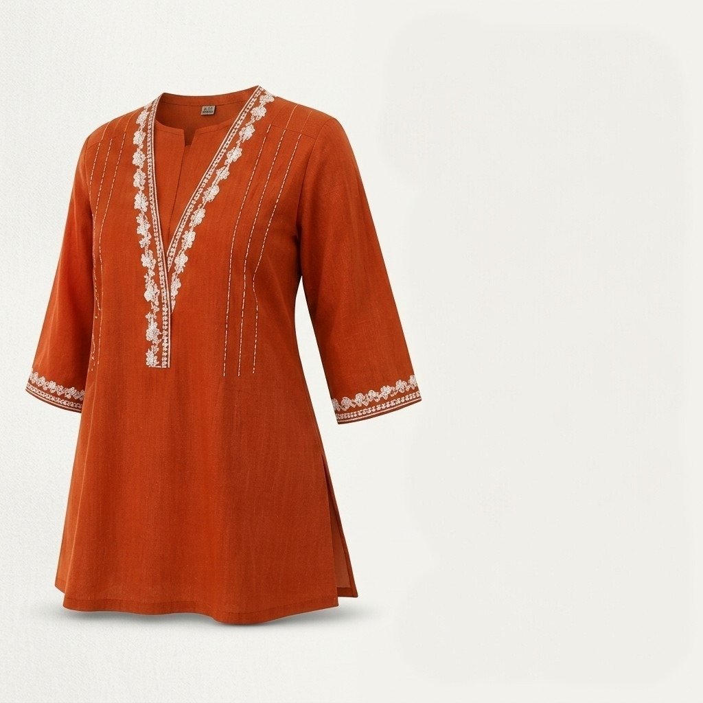 Khadi Cotton White Embroidered Short Kurti - Image 3