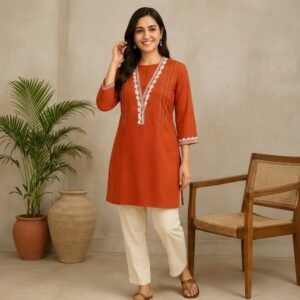 Khadi Cotton White Embroidered Short Kurti
