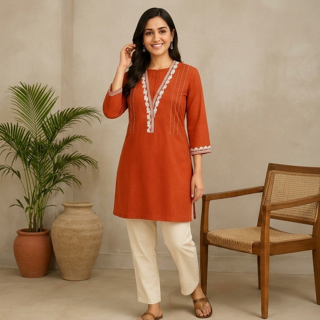 Khadi Cotton White Embroidered Short Kurti
