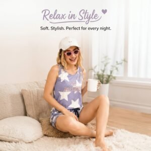 Light Purple Star Printed Hosiery Cotton Short Night Suit