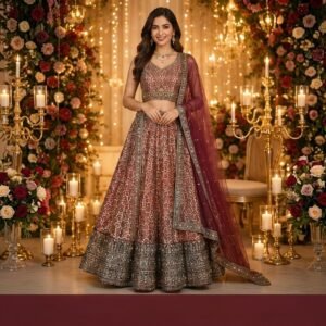 Maroon Printed Tafta Silk Crop Top Lehenga