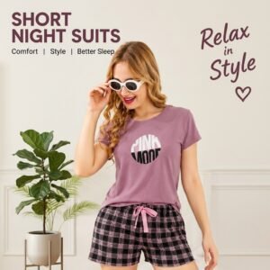 Mauve and Black Hosiery Cotton Short Night Suit