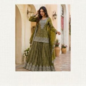 Mehndi Crepe Silk Short Kurti with Skirt