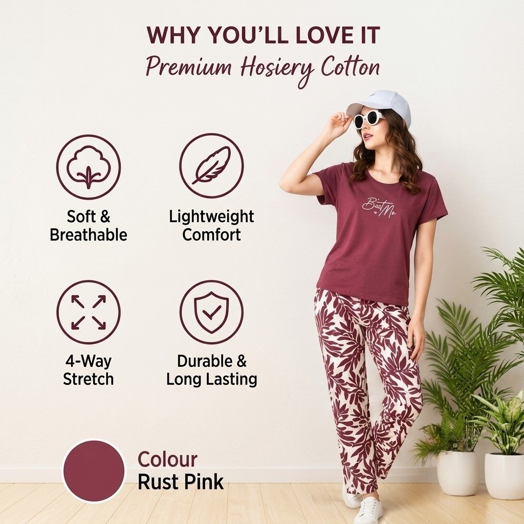 Rust Pink Premium Hosiery Cotton Night Suit - Image 2