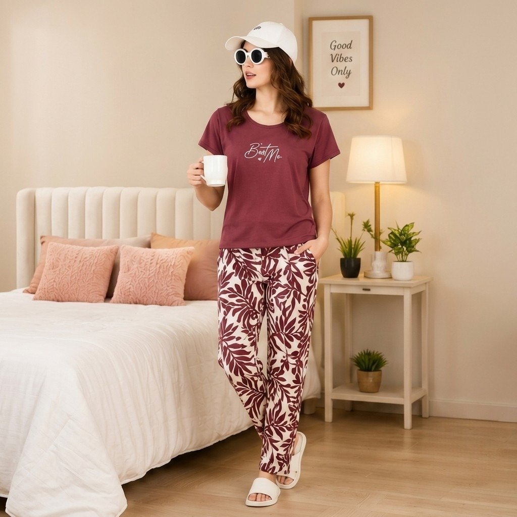 Rust Pink Premium Hosiery Cotton Night Suit

