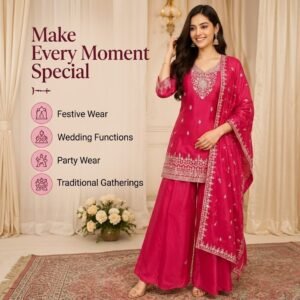 Vibrant Magenta Silk-Blend Short Kurta and Sharara Set